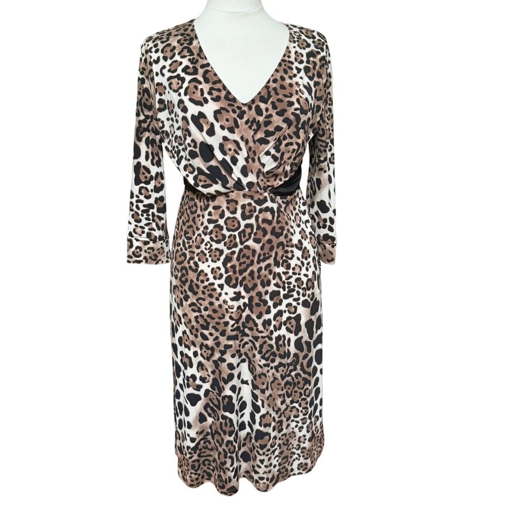 Leopard V Neck Pleat Ruched Contrast Dress Office Siren 3/4 Sleeve Stretch Sz 6